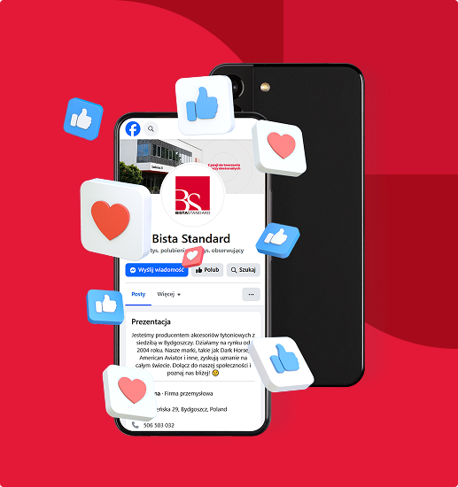 Smartfon z profilem firmy na Facebooku, otoczony ikonami lajków i serduszek na czerwonym tle.